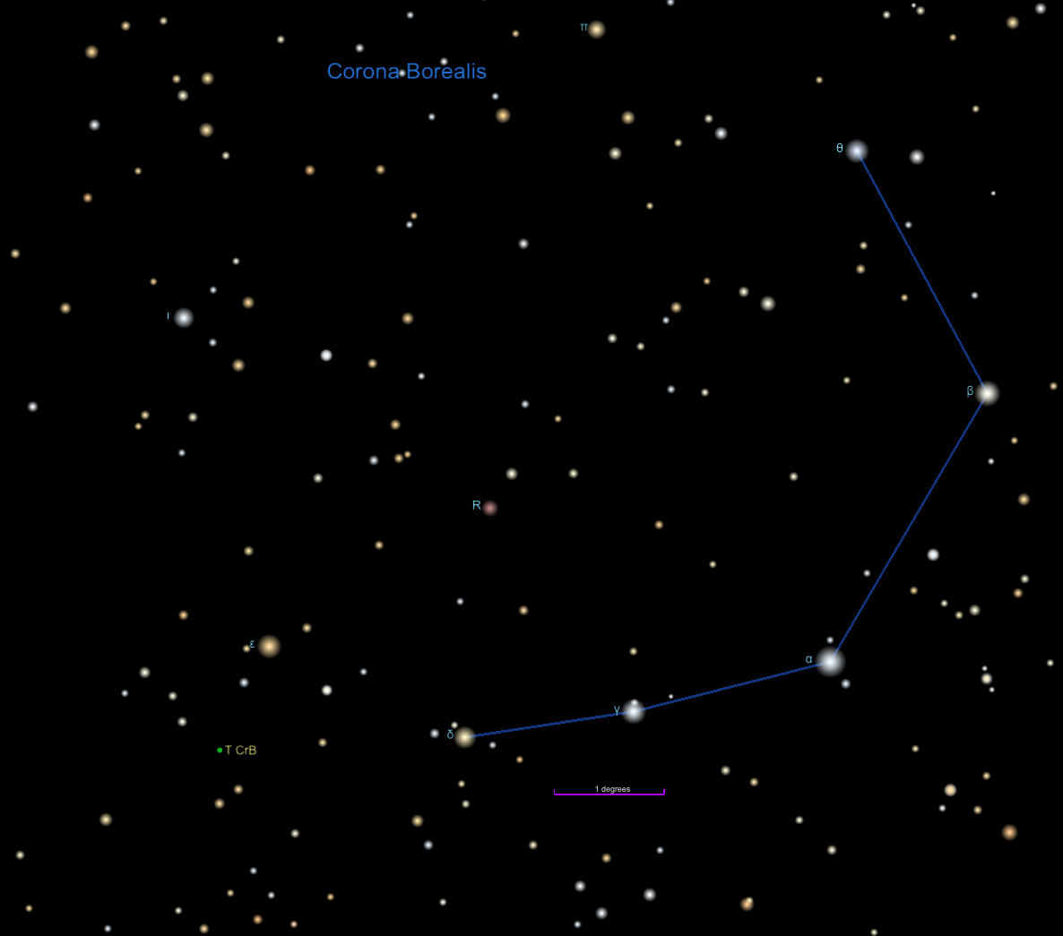 This closeup of Corona Borealis shows the location of T CrB with a green dot. In this view, North is up and East is left.