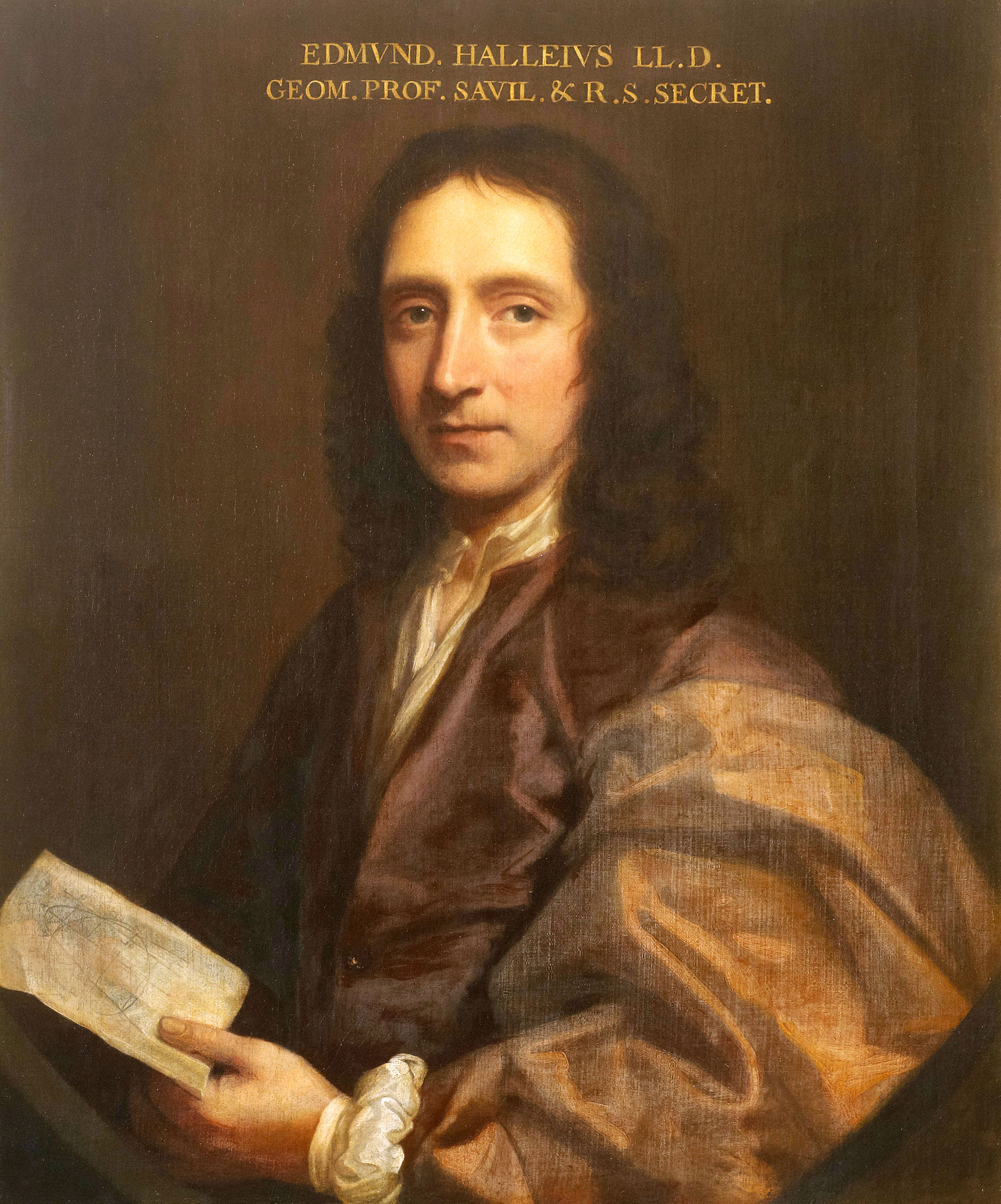 Painted in 1690 by Thomas Murray, this portrait features young Edmond Halley holding a paper with a diagram of an elliptical orbit.