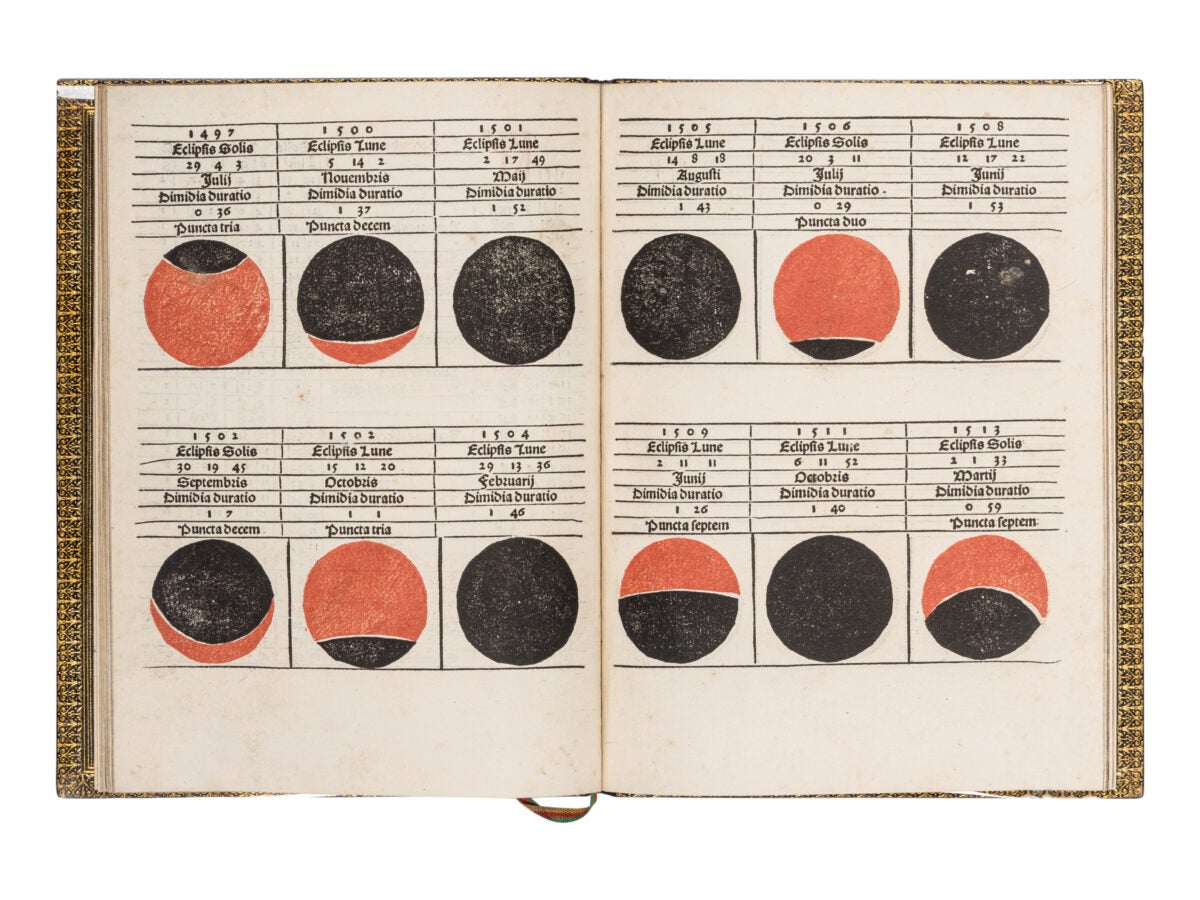 The left page of the Regiomontano Calendar and Ephemeris shows the total lunar eclipse of 1504, which Christopher Columbus used to trick the native peoples of Jamaica into providing food for his crew.