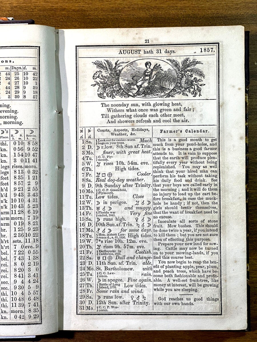 The Old Farmer’s Almanac is credited with saving a man from the gallows. Just after midnight on Aug. 29, 1857, a witness claimed to see Duff Armstrong bludgeon a man to death in Beardstown, Illinois. Abraham Lincoln, who was a friend of the Armstrong family, agreed to defend Duff. During the trial, the witness, Charles Allen, said he was standing about 150 feet (46 meters) away when the murder occurred. Lincoln produced an almanac and said it was too dark for Allen to have seen much of anything at that distance: Page 21 of the 1857 Old Farmer’s Almanac shows that the Moon was at First Quarter and riding “low” to the horizon. Armstrong was found not guilty, thanks to an almanac that cost a few pennies.