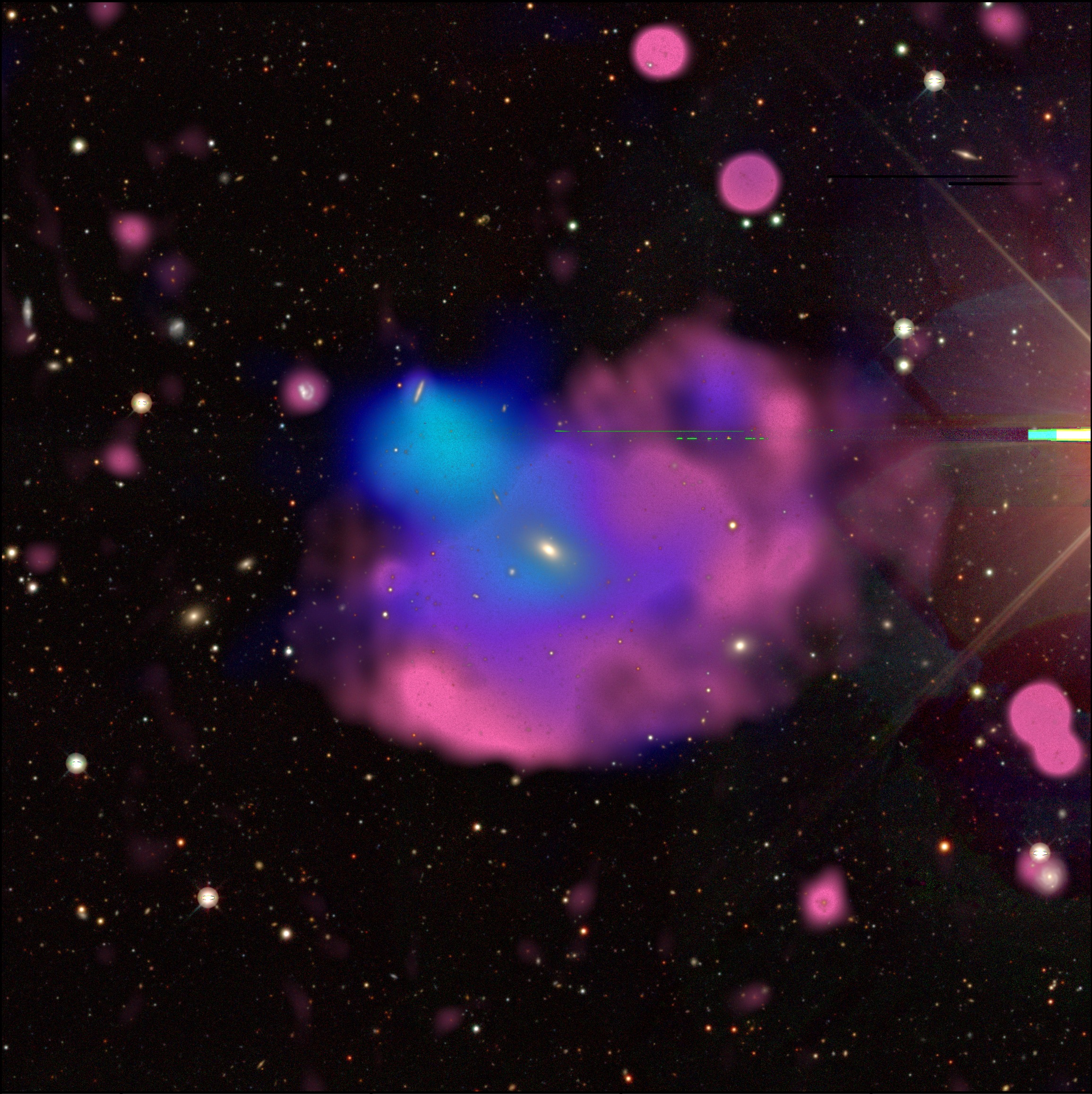 A mosaic of Cloverleaf's radio emission at multiple wavelengths: visible light observations from the Legacy Survey DESI (Dark Energy Spectroscopic Instrument) in white and yellow;  XMM-Newton X-rays in blue;  and ASKAP (the Australian Square Kilometer Array Pathfinder) radius in red.  Credit: Xiaoyuan Zhang and Matthias Kluge (MPE), Baerbel Korbalski (CSIRO).