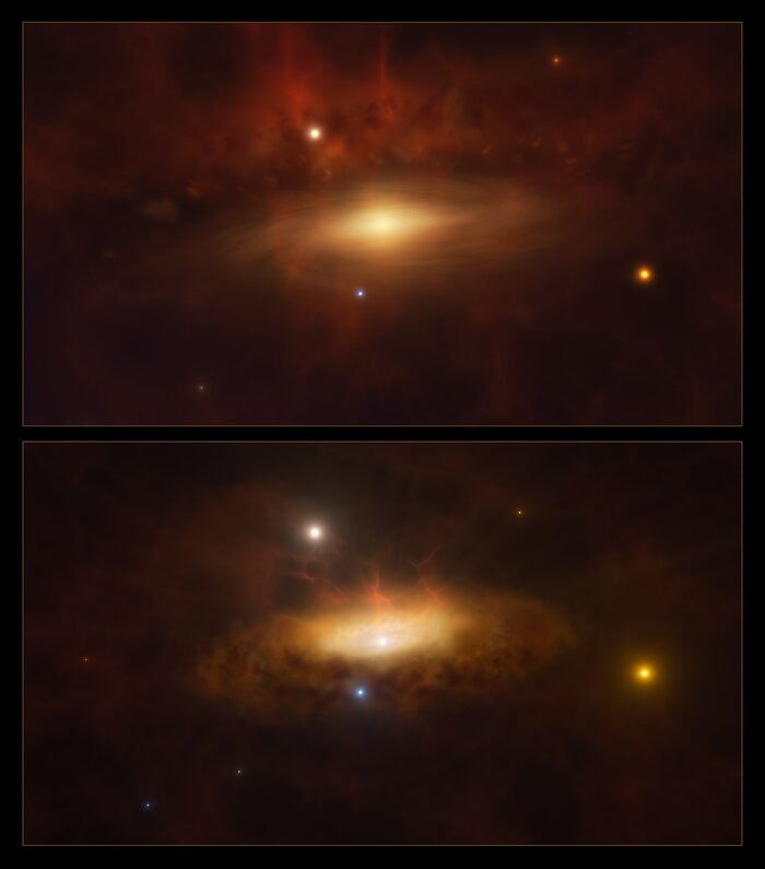 This artist's impression shows two stages in the formation of a disk of gas and dust around the enormous black hole at the center of the galaxy SDSS1335+0728.  The core of this galaxy lit up in 2019 and continues to shine today – the first time we've observed a massive black hole activate in real time.  Credit: ESO/M.  Kornmesser.