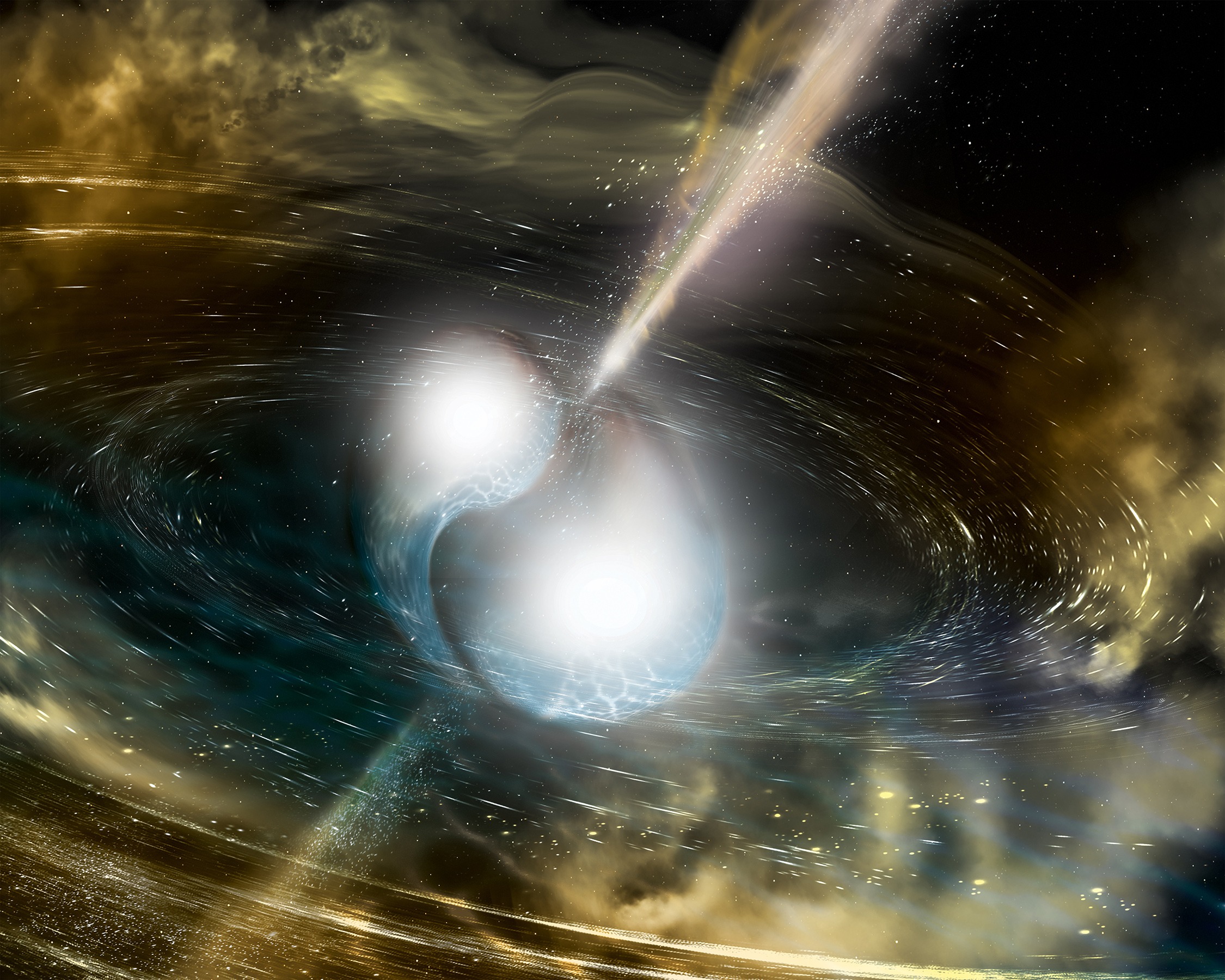 An artist's illustration of two merging neutron stars. The Vera C. Rubin Observatory will help to study these events.