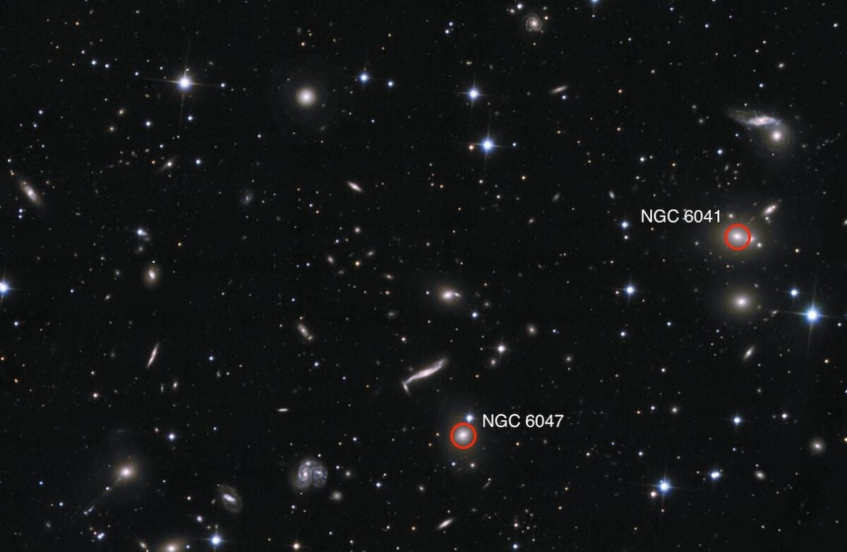 Large amateur telescopes are capable of revealing a few of the brightest members of the Hercules Galaxy Cluster, including NGC 6041 and NGC 6047. NGC 6061 is outside this field of view. 