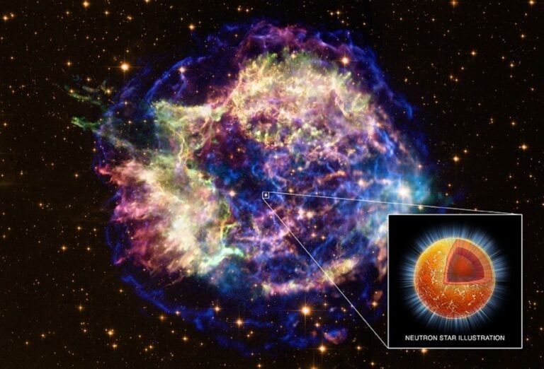 Neutron stars are incredibly dense objects about 10 miles (16 km) across. Only their immense gravity keeps the matter inside from exploding; if you brought a spoonful of neutron star to Earth, the lack of gravity would cause it to expand rapidly.