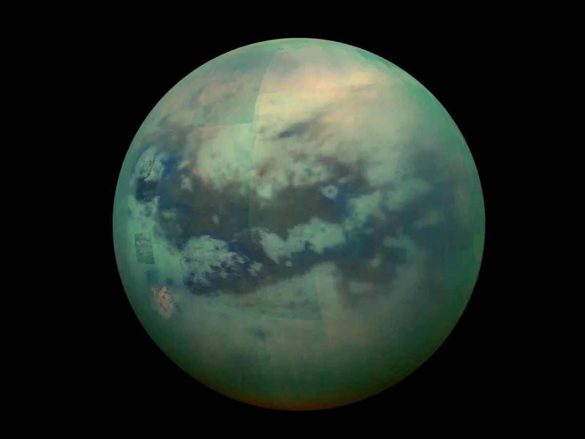 Composite image of Titan taken by the Cassini spacecraft. Credit: NASA.