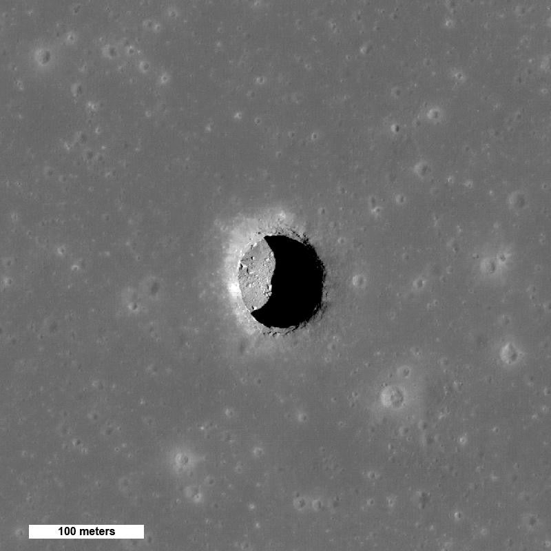 The Mare Tranquillitatis skylight spans 65 meters and clearly shows the rubble strewn floor 120 feet (36 meters) below the surface. Credit: Arizona State University.