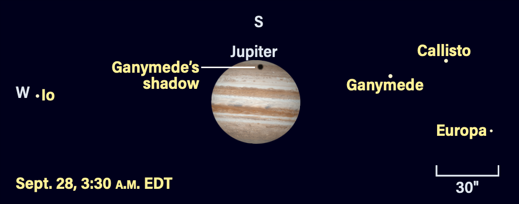 Jupiter and moons on September 28, 2024, 3:30 AM EDT