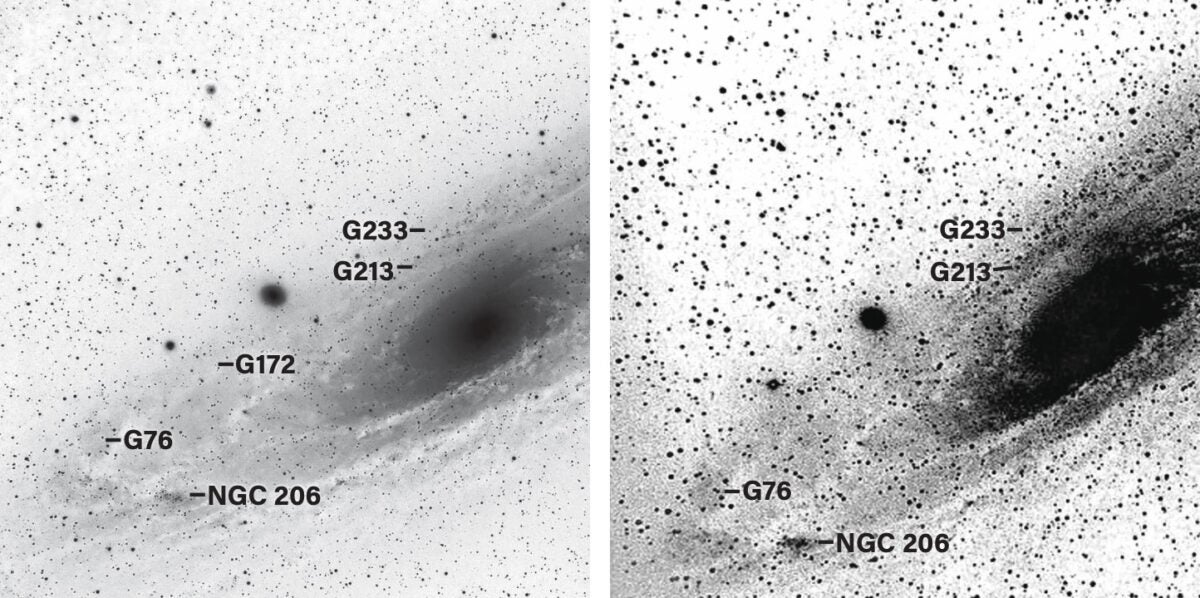 A few of the brightest globular clusters (labeled with Gs) and the massive star-forming region NGC 206 in M31 appear in these images taken recently with a modern-day 5-inch refractor (left) and with a 20-inch reflector in 1888.