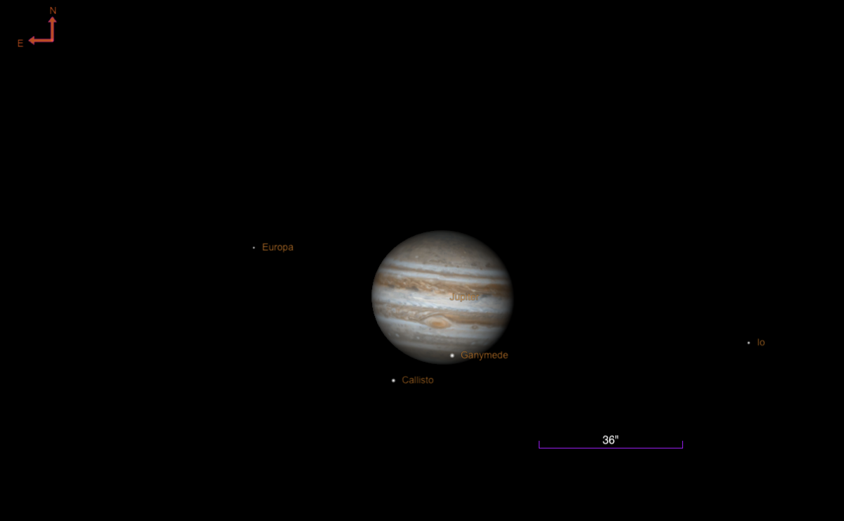 Jupiter and moons, 5 A.M. EDT on August 9, 2024