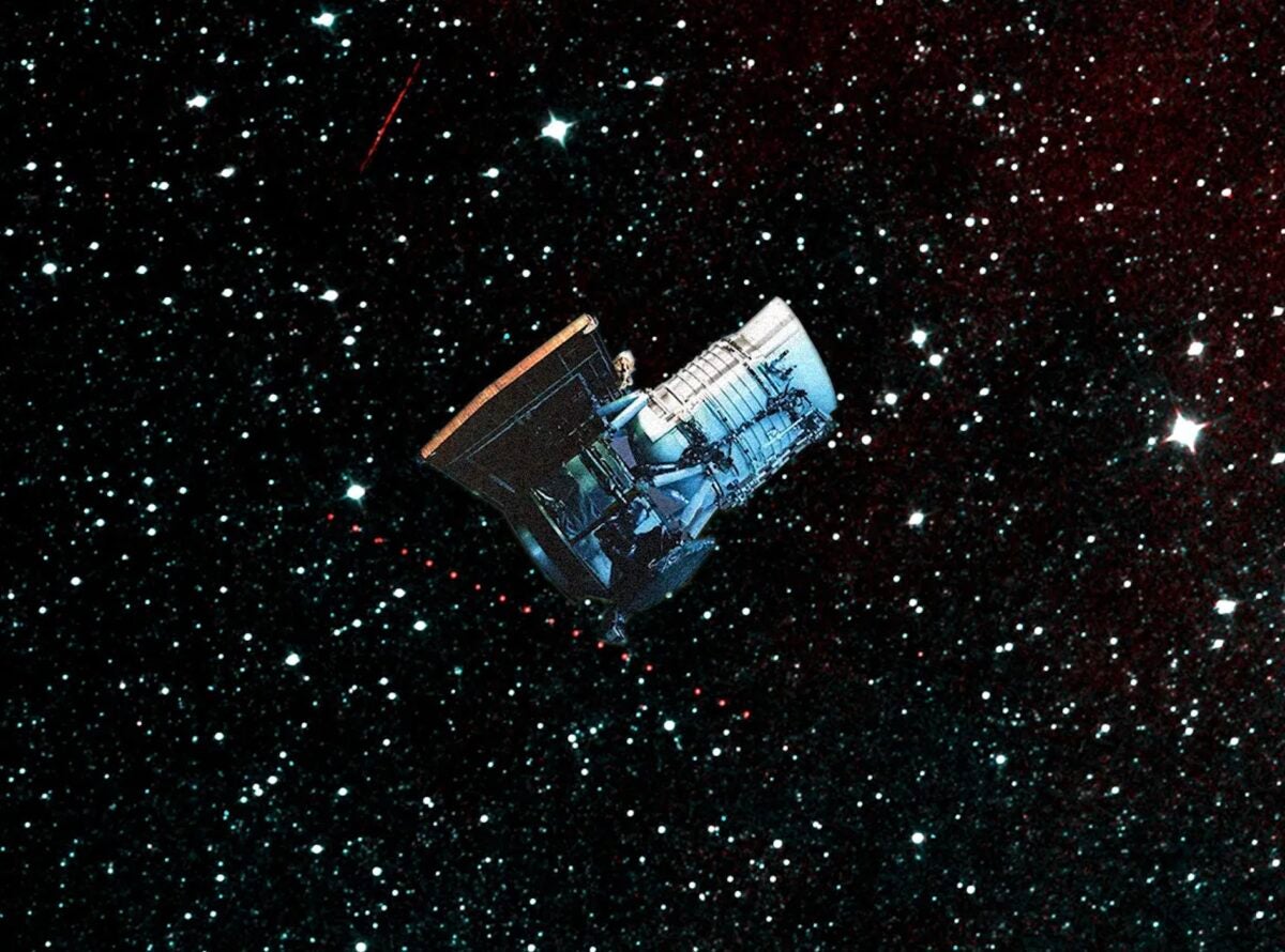 An artist's rendering of NEOWISE is superimposed over the mission's first image of the asteroid.