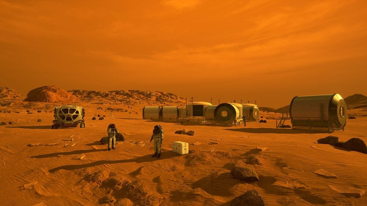 Artist's illustration of humans living and working on Mars.