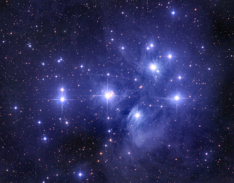 This shot of the Pleiades (M45) — which comprises two hours of integration time taken with a 10-inch scope, Atik 16200 CCD, and Starizona’s Nexus 0.75x Newtonian Focal Reducer/Coma Corrector — displays sharp details out to the edges.