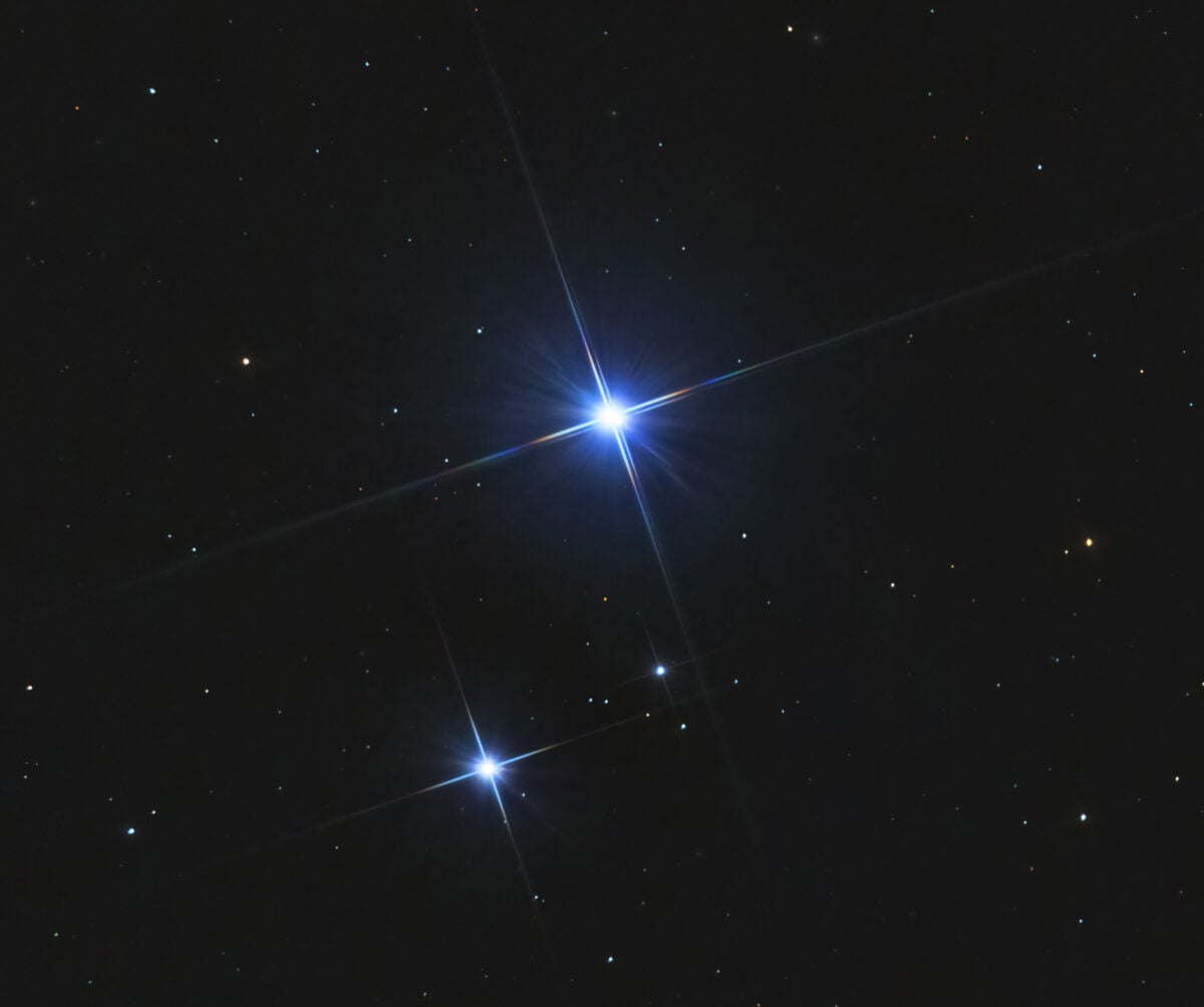 Mizar and Alcor are two stars that form a binary system visible to the naked eye. Mizar is the second star from the end of the handle of the Big Dipper and Alcor is the dimmer companion. In ancient times, this system was used as a vision exam.