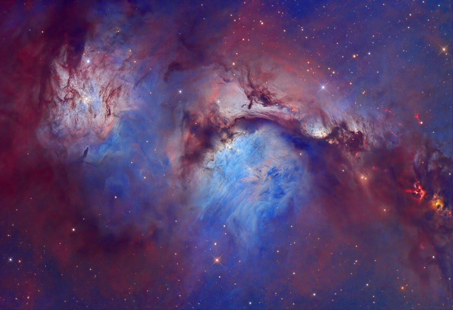 The blue reflection nebula M78 lies about 1,600 light-years away in Orion. It is a cloud of interstellar gas and dust that owes its luminosity to embedded, bright, blue, early B-type stars ­— making it the brightest diffuse reflection nebula in the Orion B molecular cloud complex.