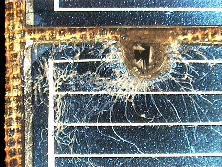 Damaged Hubble Space Telescope solar panel array