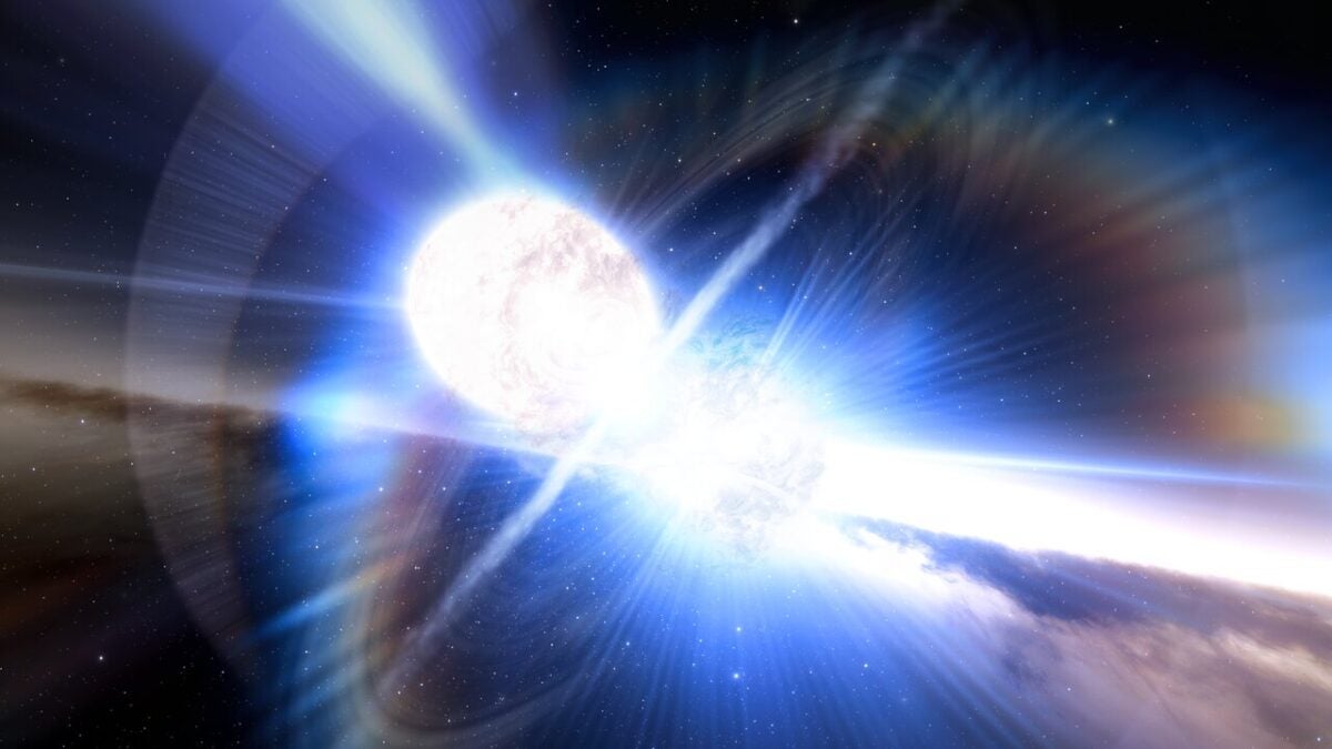 Artist's impression of colliding neutron stars.