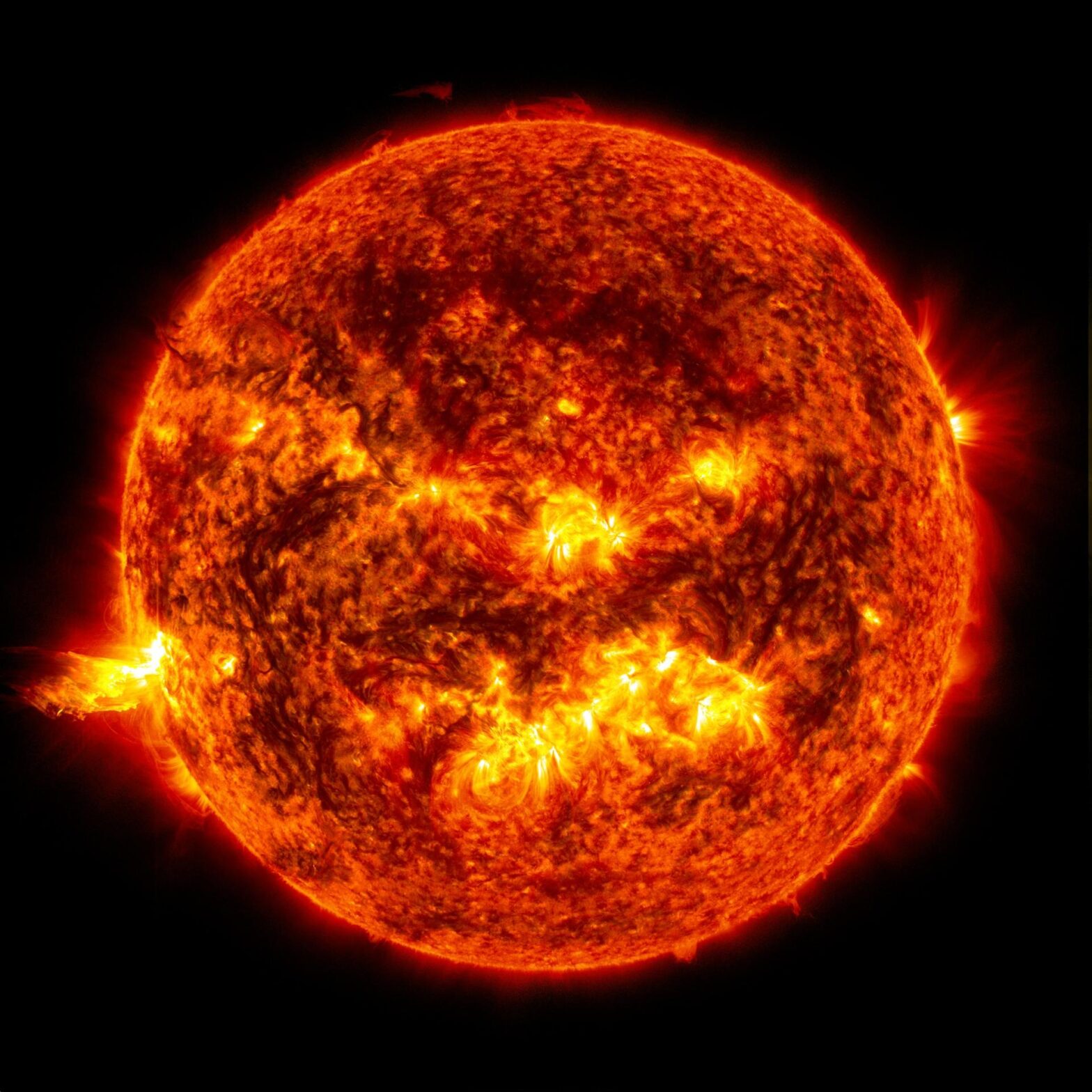 The Sun is the center of the solar system and provides the energy that makes life on our planet Earth possible. This image, taken by NASA’s Solar Dynamics Observatory across several wavelengths in the extreme ultraviolet part of the spectrum, shows a massive solar flare (lower right) accompanied by a large eruption of material.