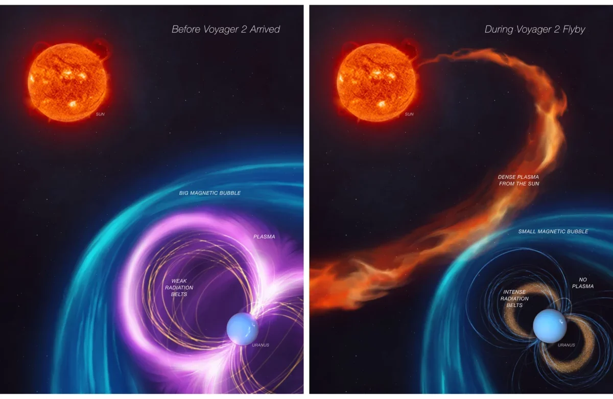 Artist's concept of Uranus' magnetosphere before and after Voyager 2