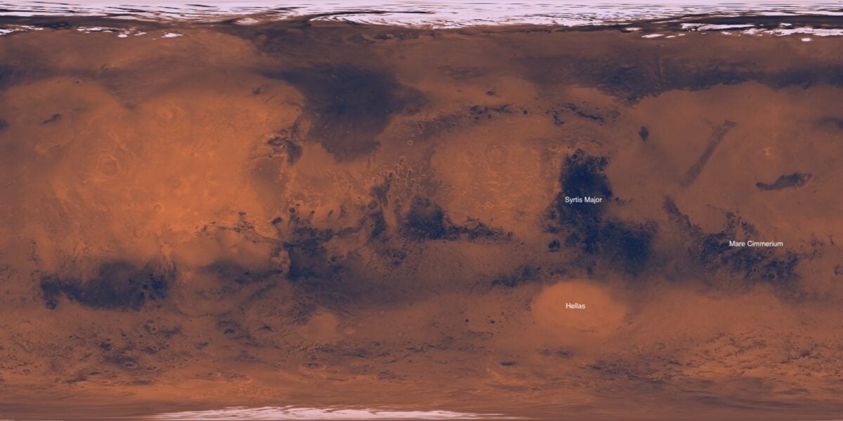 Map of Mars with some features labeled