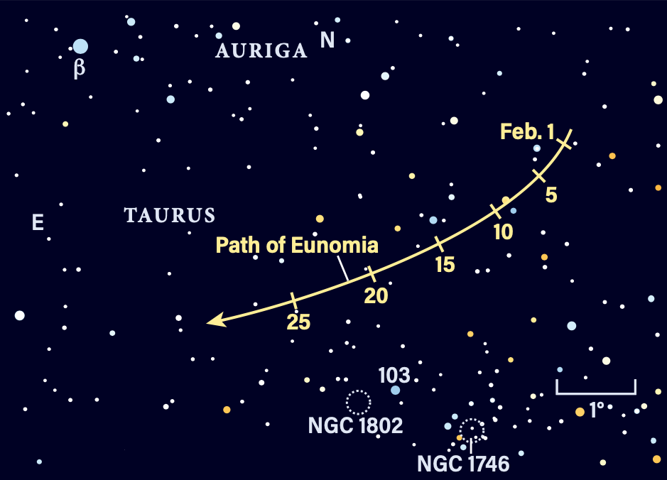 Path of asteroid Eunomia in February 2025