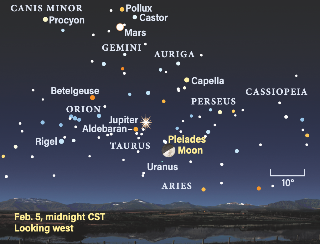 February 5, 2025, midnight CST, looking west