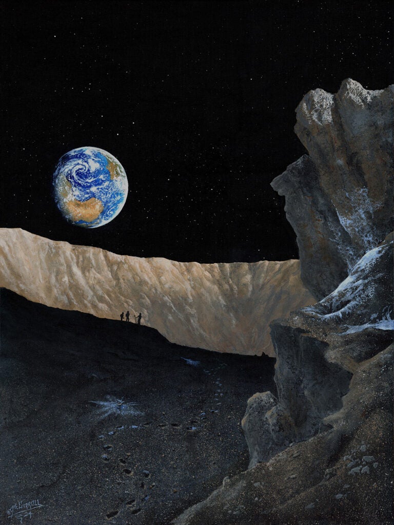 Painting showing astronauts surveying a crater floor in search of water deposits