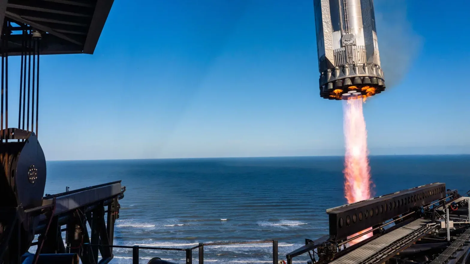 SpaceX Super Heavy booster in flight