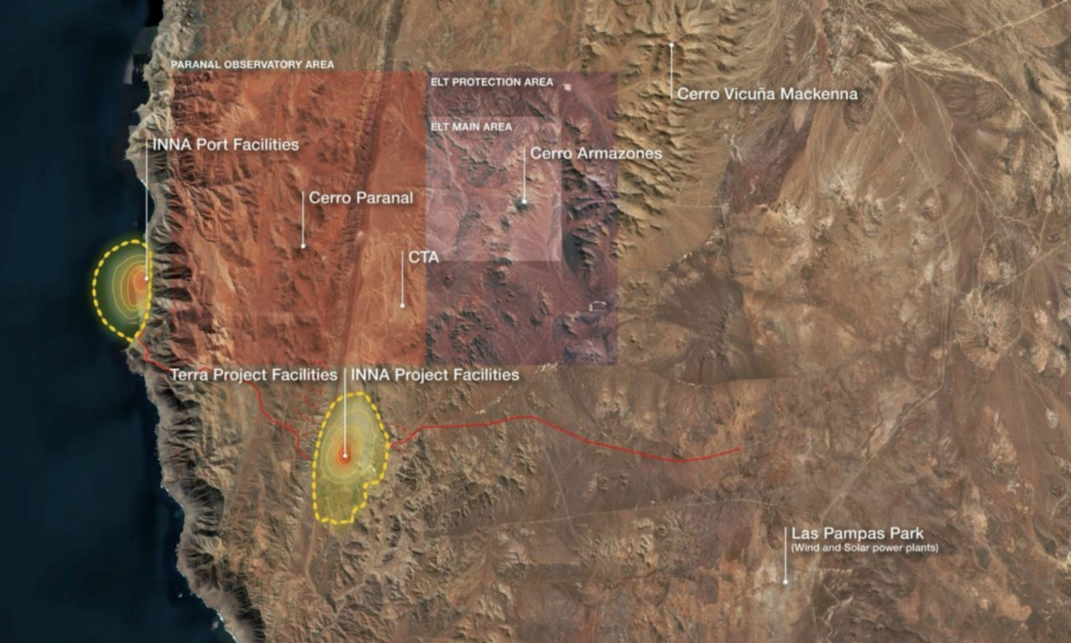 Map showing VLT, ELT, and INNA