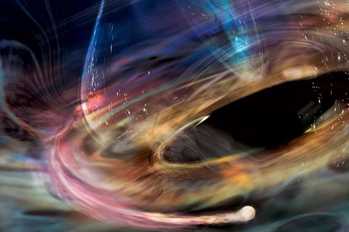 artist's illustration of a black hole with a jet and orbiting white dwarf