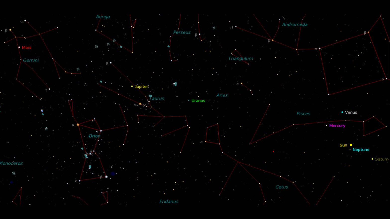 Jupiter and Mars are high in the sky this week. Go out and compare their colors. credit: M. Bakich/TheSKY software