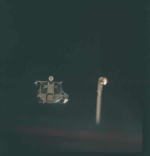 Al Worden took this image of the Lunar Module <em>Falcon</em> out his window as it rendezvoused and prepared to dock with <em>Endeavour</em>.