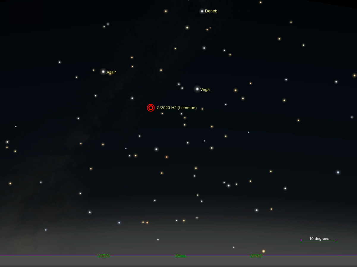 The position of the stars and Comet Lemmon on November 10, 2023, at 6 PM local time