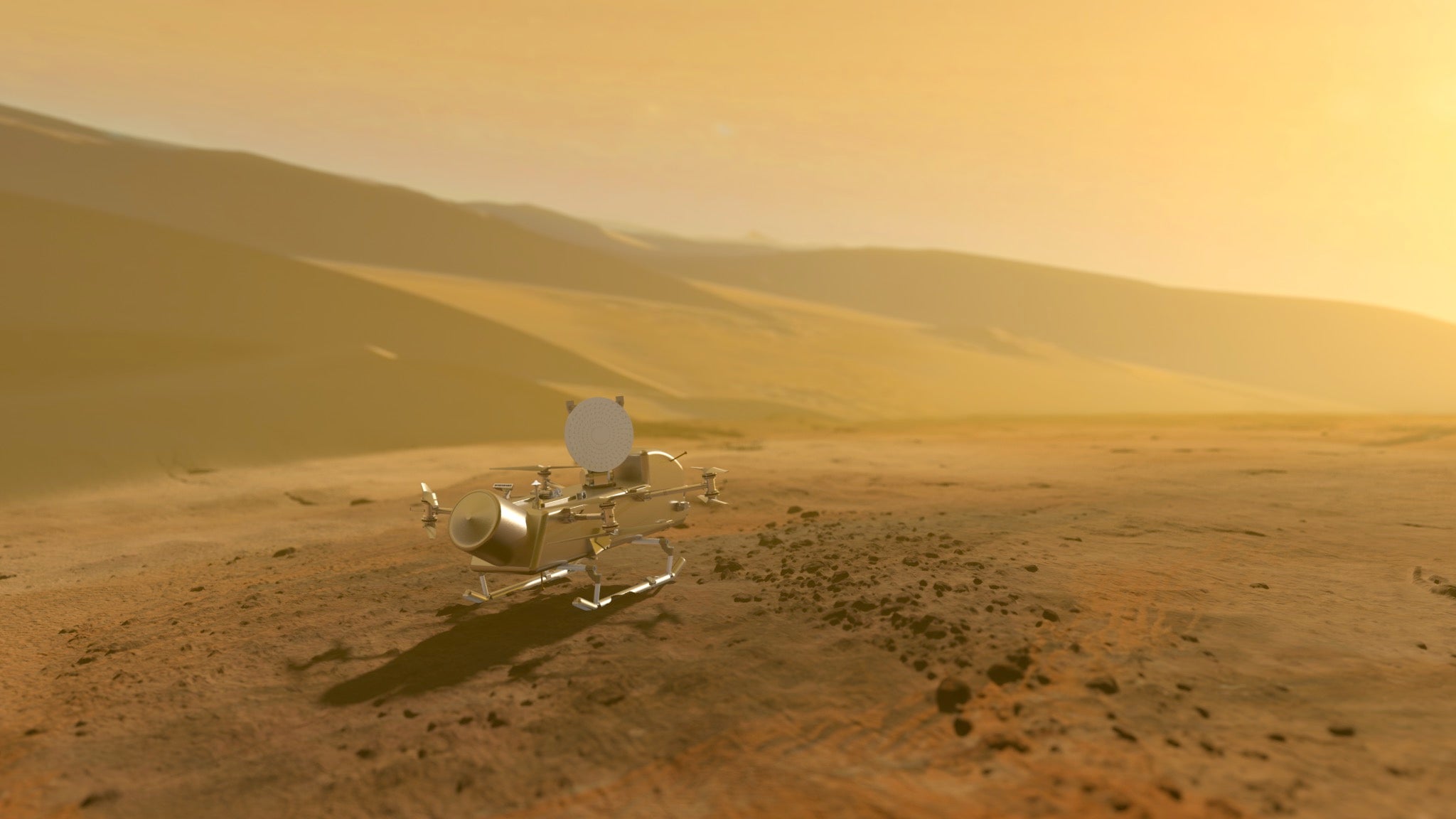 Dragonfly departs and heads off toward its next landing spot on Titan in this artist's impression.
Image credit: NASA/Johns Hopkins APL/Steve Gribben
