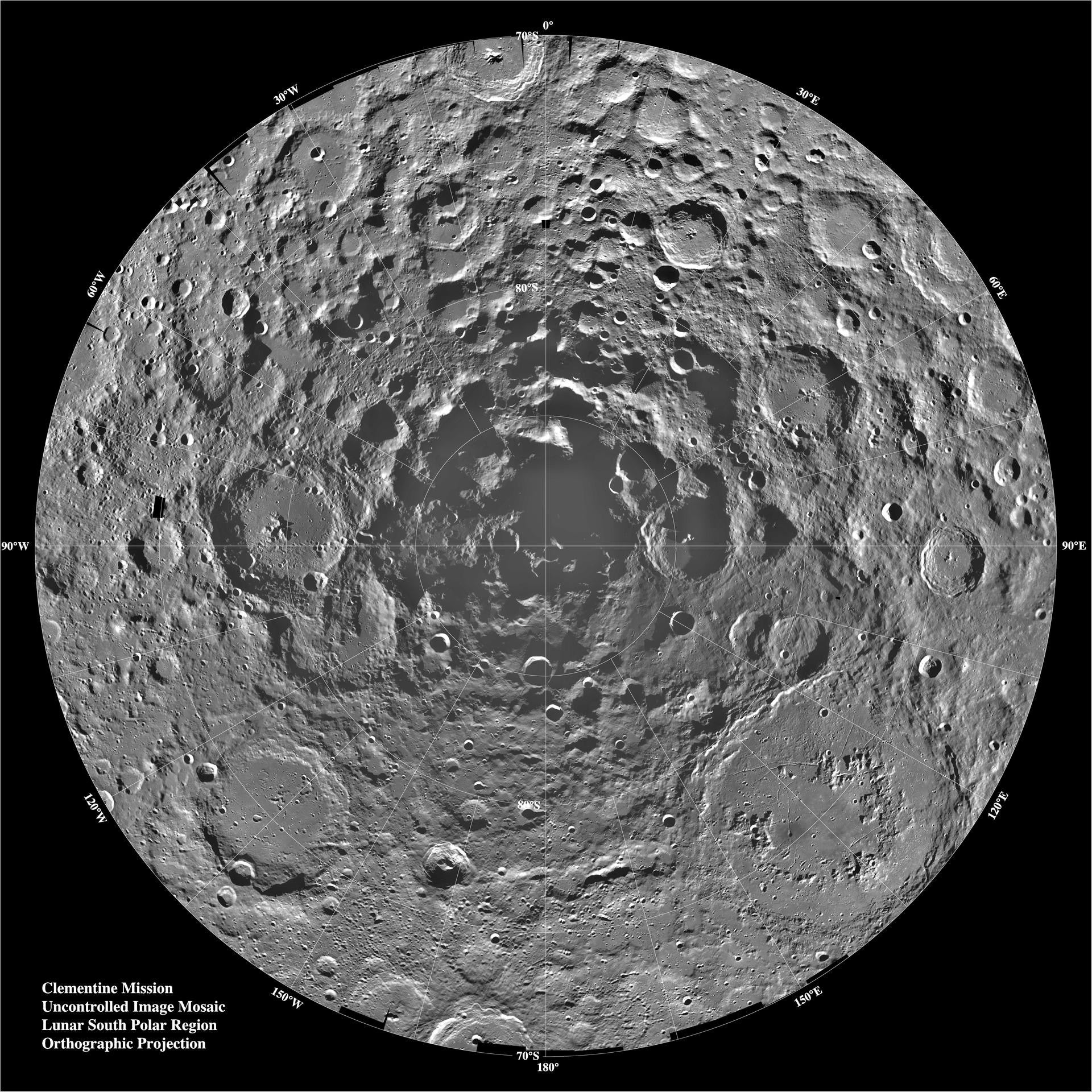 A lunar mosaic of 1,500 Clementine images of the south pole of the Moon. Credit: NASA.