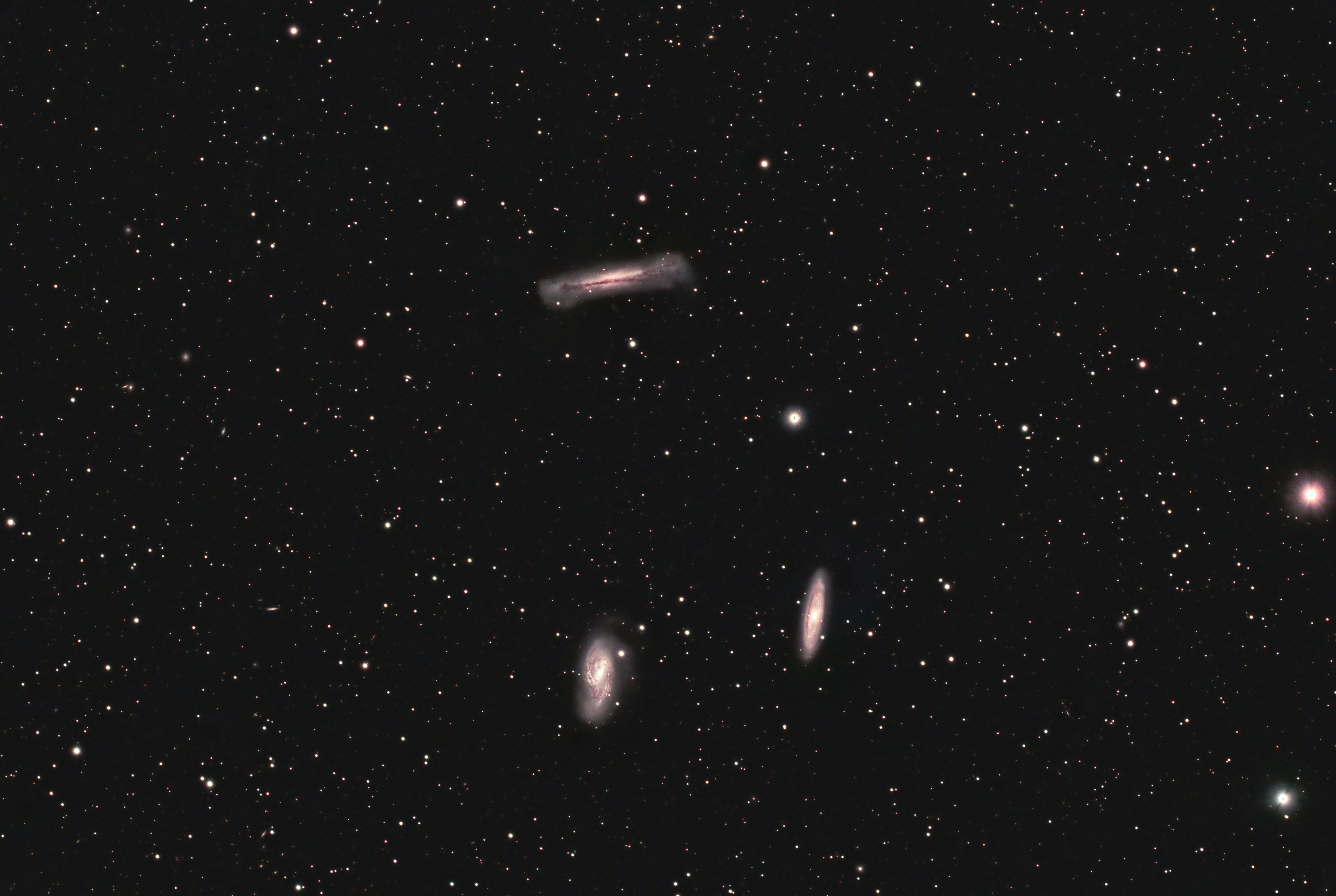The Leo Triplet comprises NGC 3628 (top) and M66 and M65 (bottom, left and right respectively). This image was captured with a ZWO ASI294MC Pro on a Takahashi FSQ-106N over 13 hours and 35 minutes of exposure. 