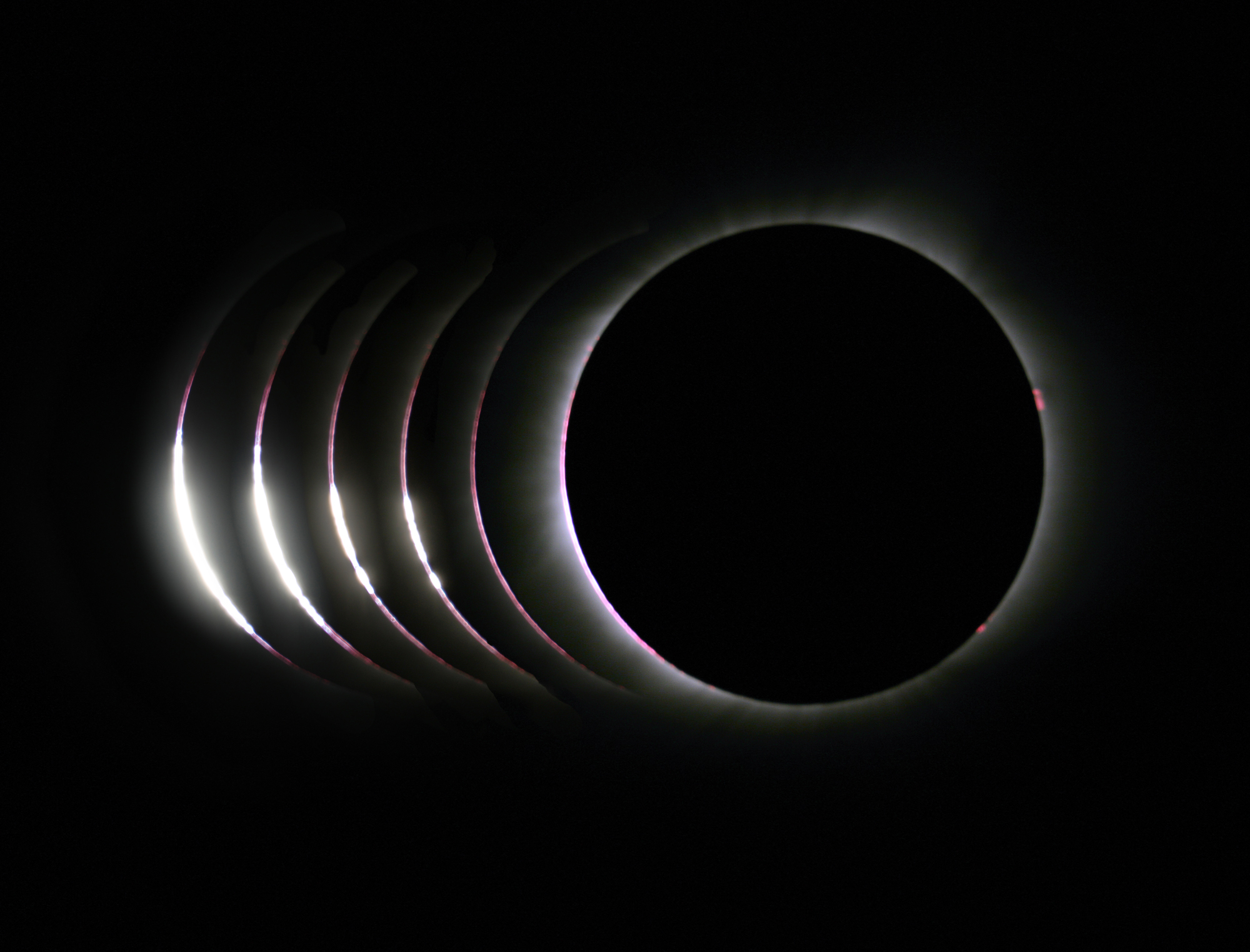 Baily’s beads appear as a string of pearly lights just before totality begins as the last rays of sunlight stream through low-lying regions on the Moon’s limb. As the Moon continues to cover the Sun, the beads disappear until all that is left is one brilliant diamond ring. 