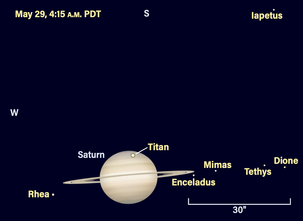 Saturno y sus lunas el 29 de mayo de 2024 a las 4:15 a. m. PST