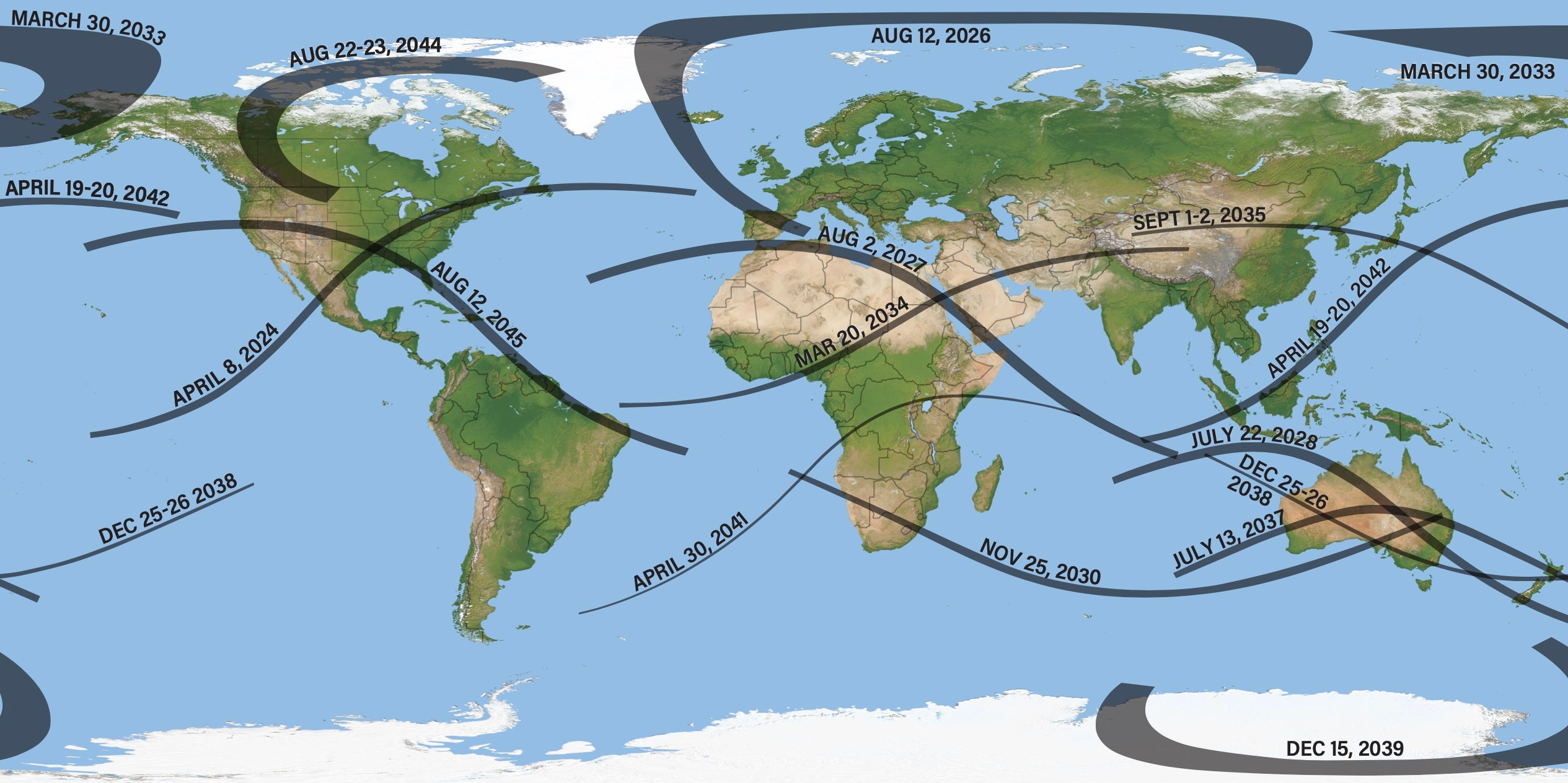 This map shows the locations of each eclipse from this year until the next major U.S. eclipse on Aug. 12, 2045. 