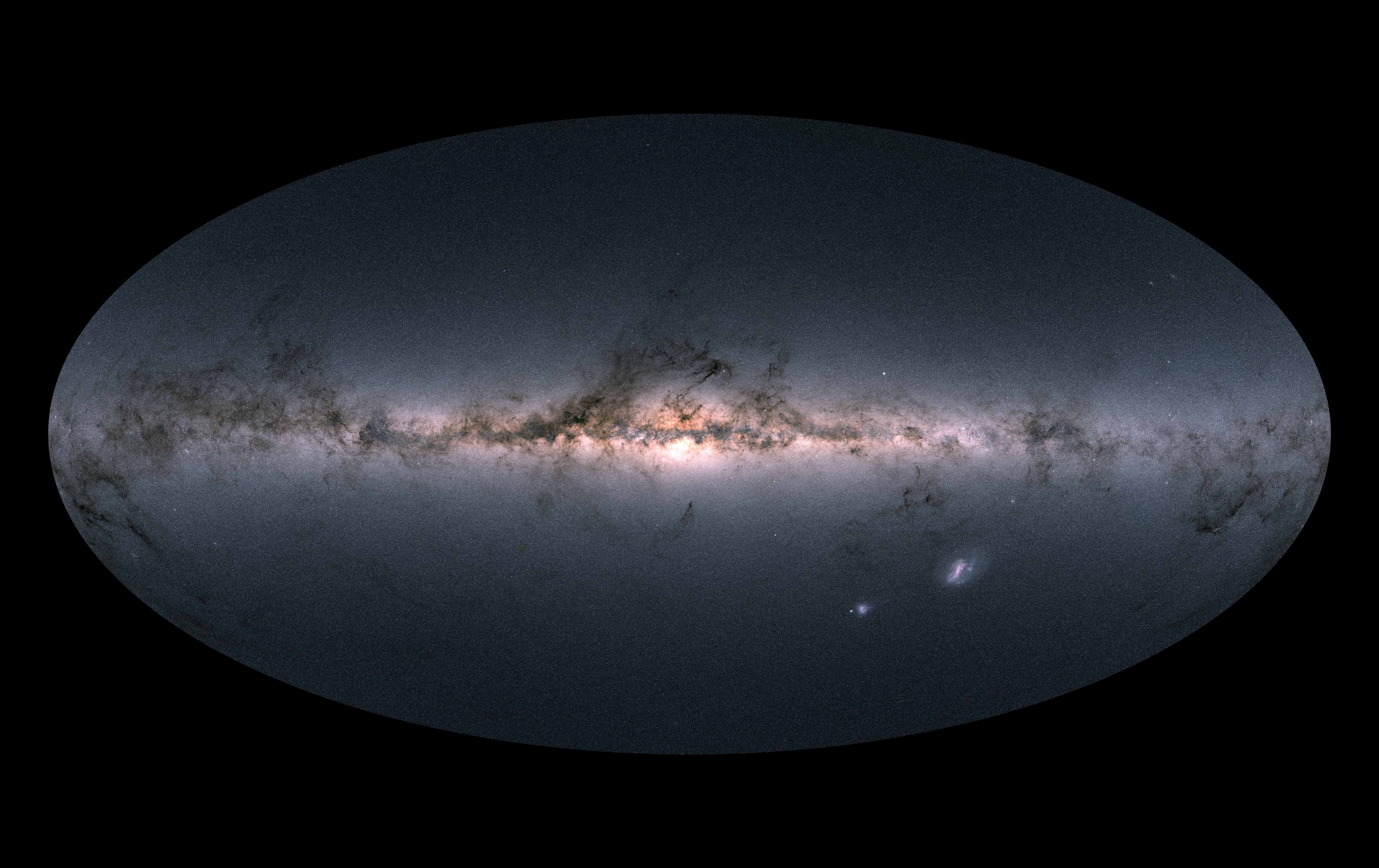 Gaia’s all-sky view of our Milky Way Galaxy and neighboring galaxies, based on measurements of nearly 1.7 billion stars. The map shows the total brightness and color of stars observed by the ESA satellite in each portion of the sky between July 2014 and May 2016. Credit: ESA.
