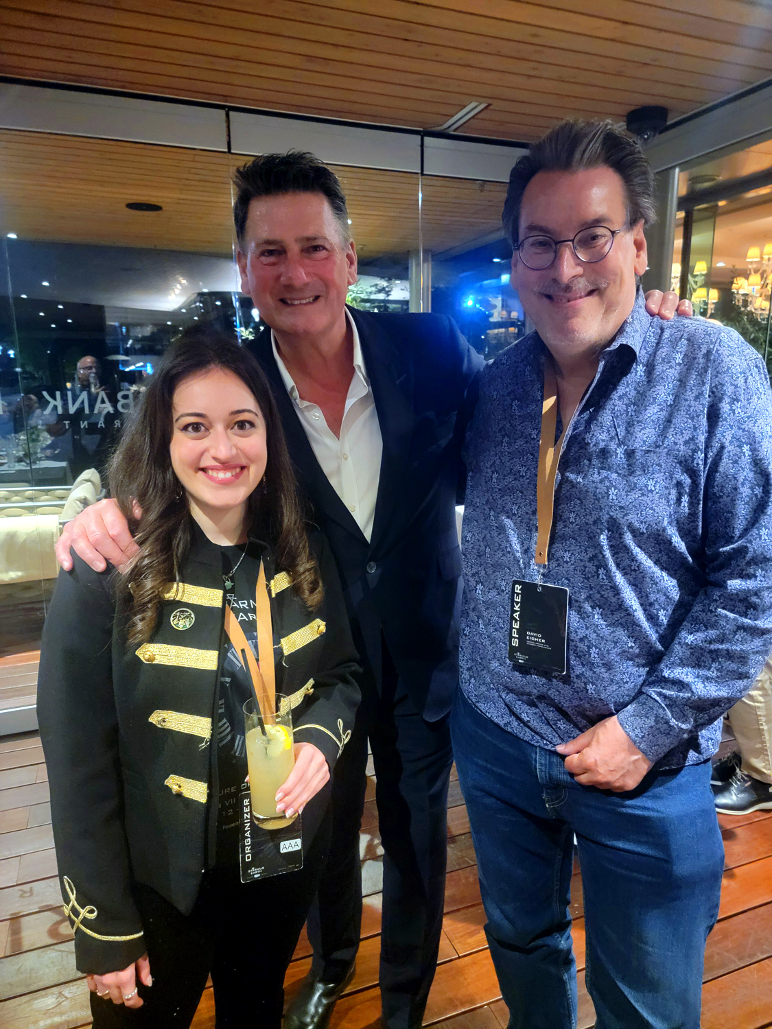 Rock stars aided Starmus with a series of concerts, including the leader and lead singer of Spandau Ballet, Tony Hadley, seen here with Maria Friargiu and Dave Eicher. Credit: David J. Eicher.