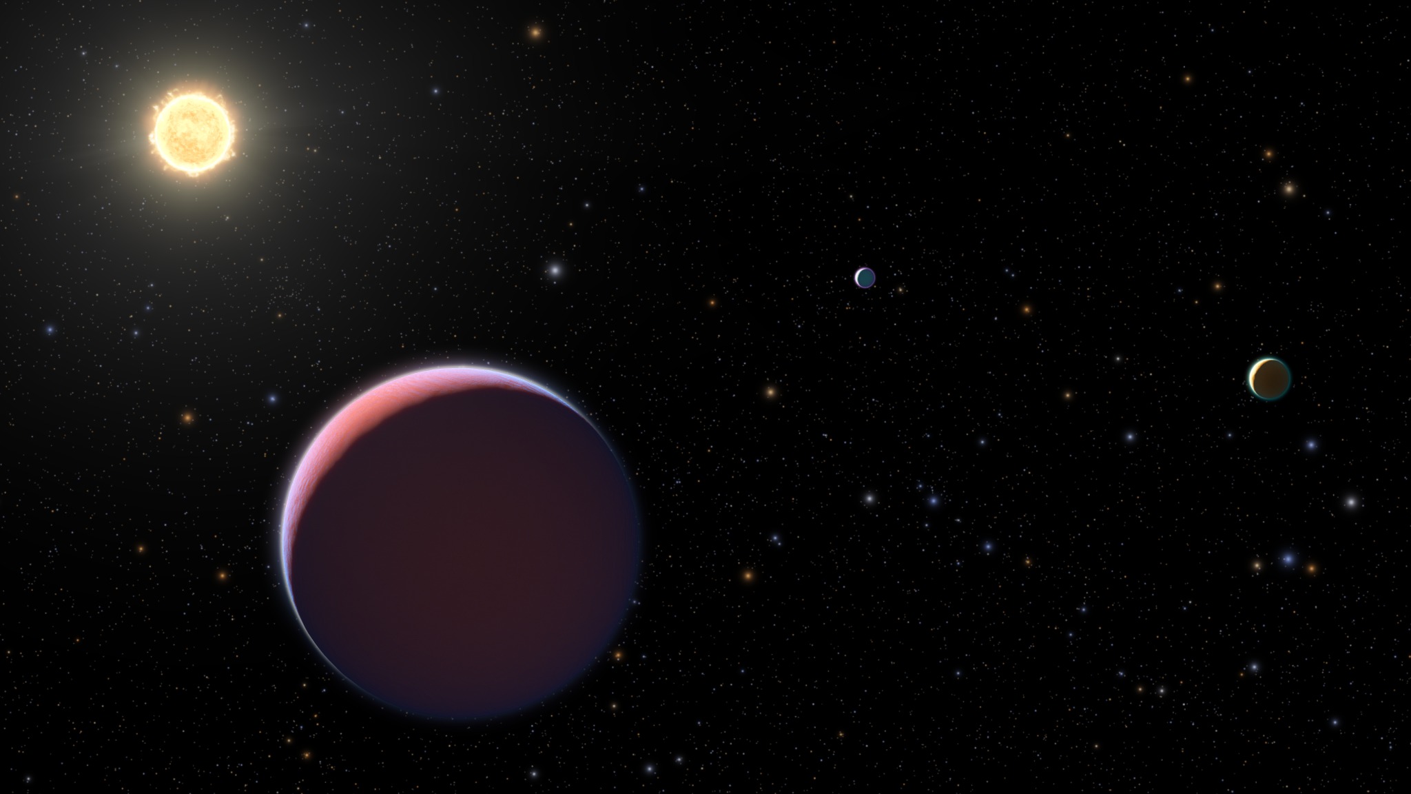 This illustration depicts the Sun-like star Kepler 51 and three giant planets that NASA's Kepler space telescope discovered in 2012–2014. These planets are all roughly the size of Jupiter but a tiny fraction of its mass. This means the planets have an extraordinarily low density, more like that of Styrofoam rather than rock or water, based on new Hubble Space Telescope observations.  Credit: NASA, ESA, and L. Hustak, J. Olmsted, D. Player and F. Summers (STScI)