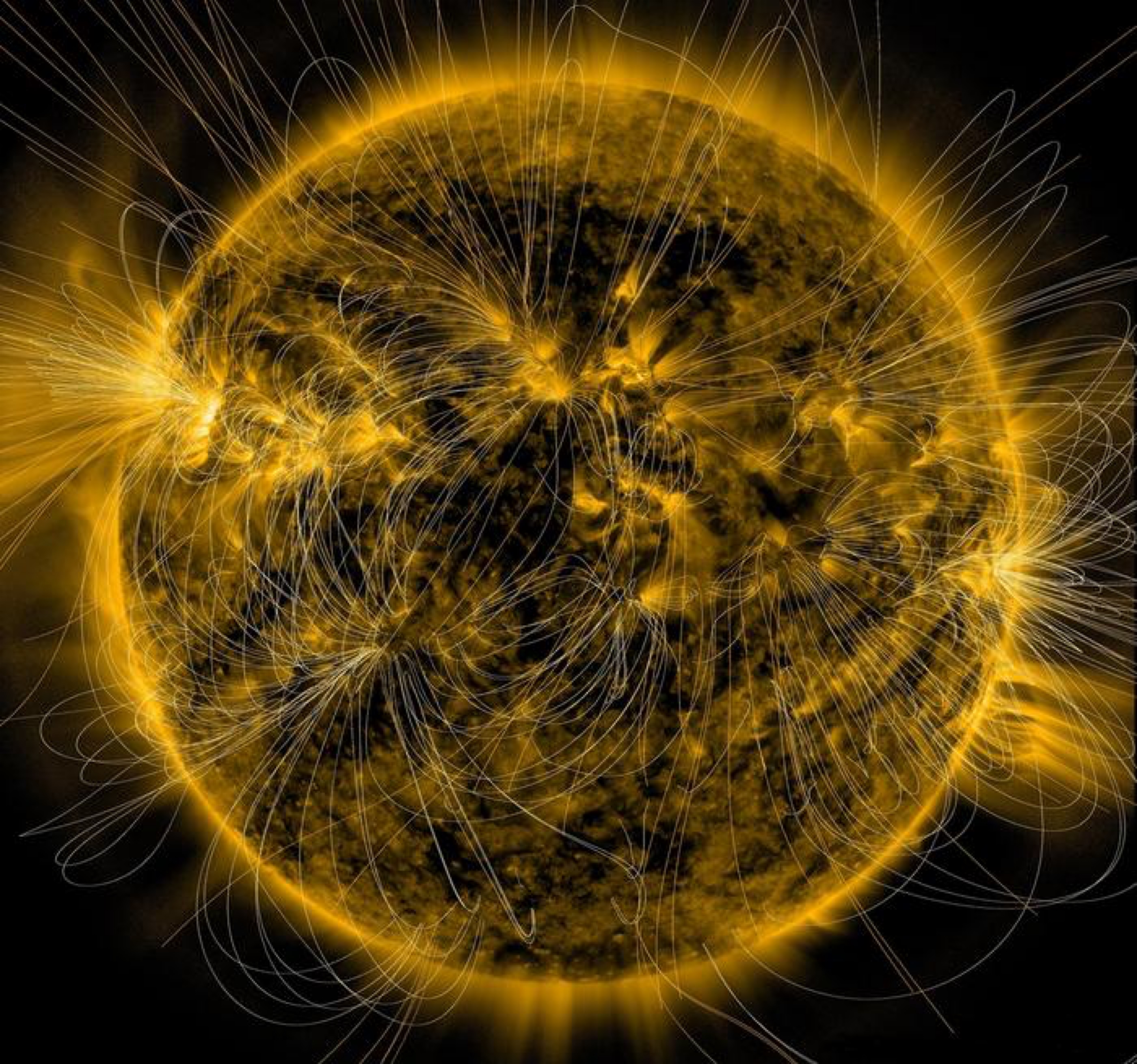 This illustration lays a depiction of the sun's magnetic field over an image captured by NASA’s Solar Dynamics Observatory.