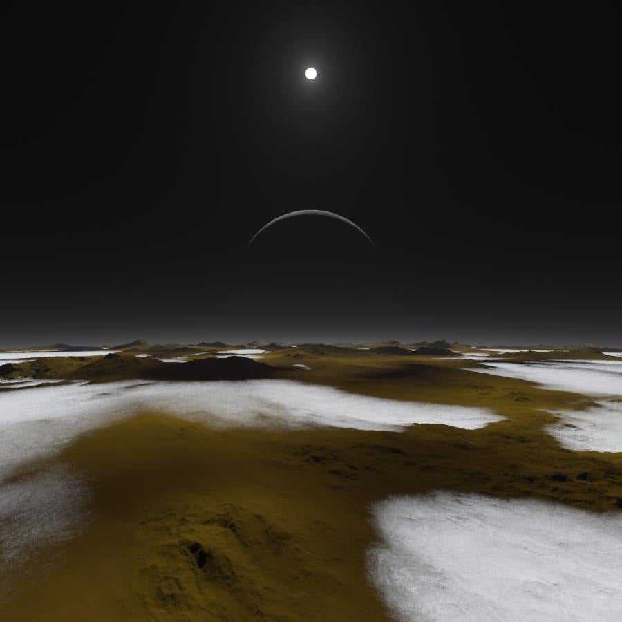 Just how dim is the sunlight on Pluto, some three billion miles away? This artist concept of the frosty surface of Pluto with Charon and our sun as backdrops illustrates that while sunlight is much weaker than it is here on Earth, it isn't as dark as you might expect. Credit: JPL/NASA/Southwest Research Institute/Alex Parker.